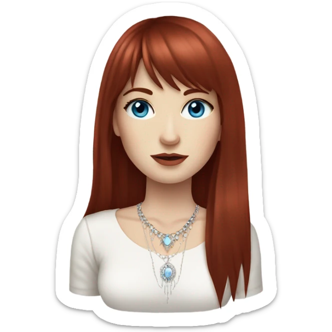 woman with pale skin, blue eyes and long dark red hair with layers and fringe bangs, wearing a white top and silver jewellery sticker