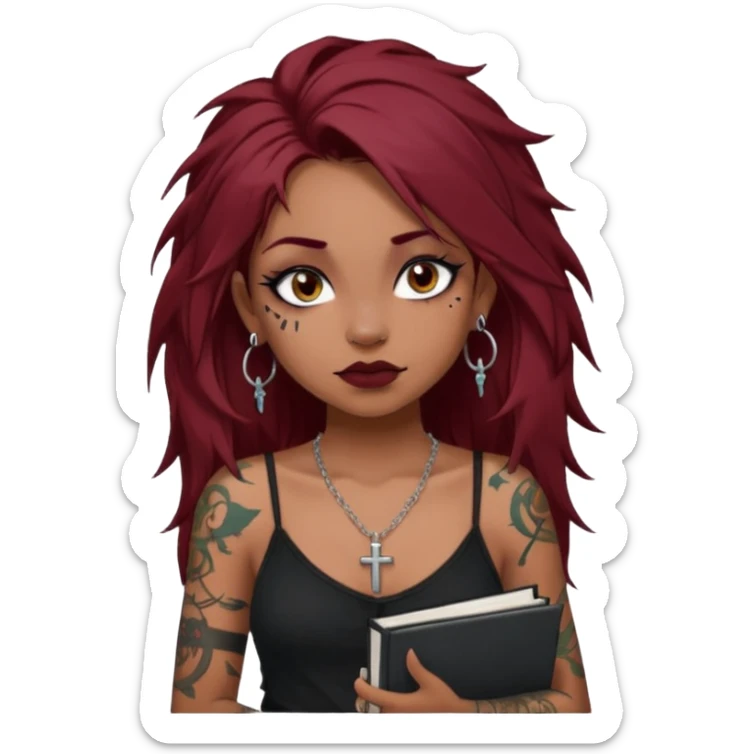 generate an ios genmoji of a dusky girl with long dark red messy hair with eyeliner on her eyes. septum piercing, wearing a cami black top, has tattoos, on shoulders. ear piercings. wearing a cross silver necklace. carrying a lot of sketchbooks


no tattoos on face sticker