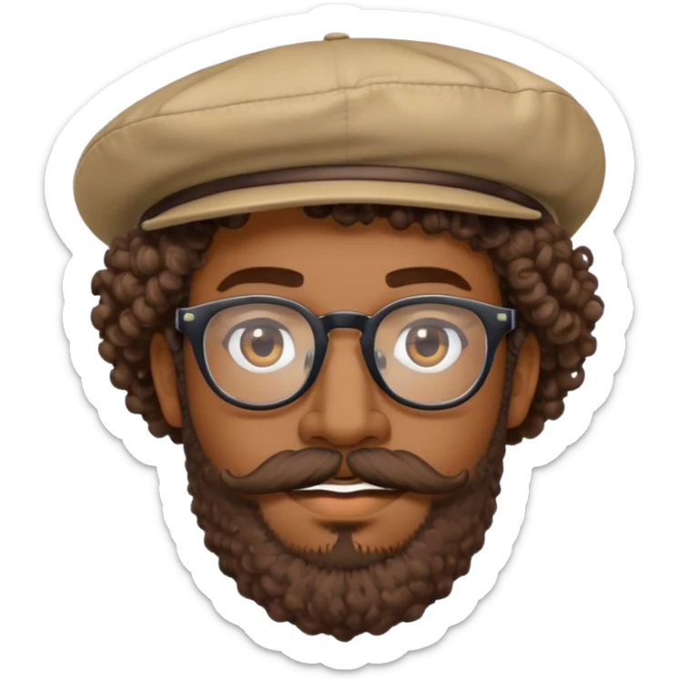 a man with brown skin, wear a glasses with bold frame, have a curly hair and wearing a hat. have a moustache and beard  sticker