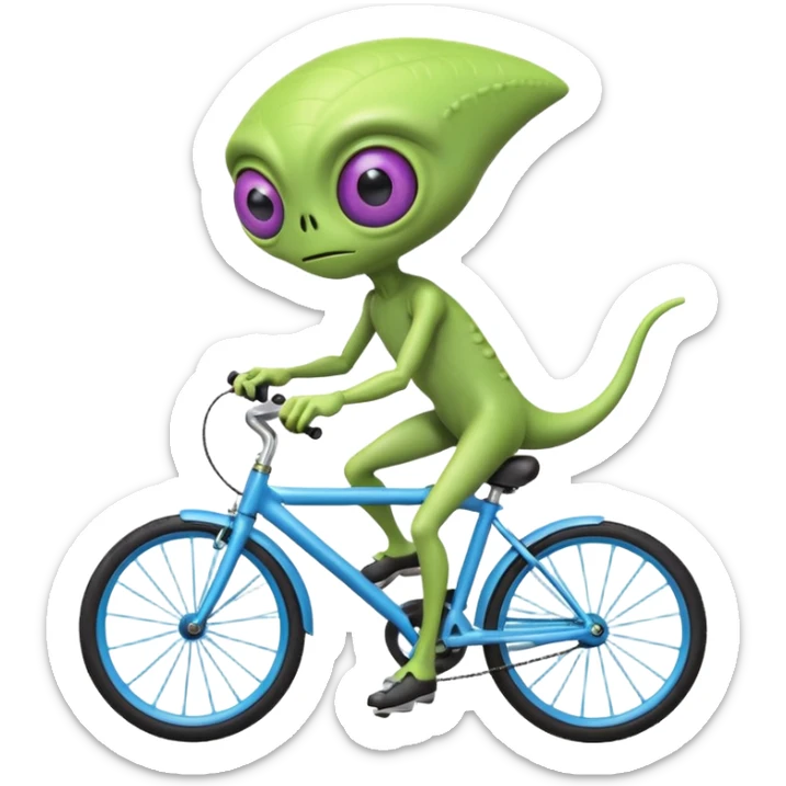 one-eyed alien riding a bicycle, large single eye, colorful skin, funny balance pose, cute sci-fi style, 3D cartoon, mobile game icon style, clean background, no text, no watermark
 sticker