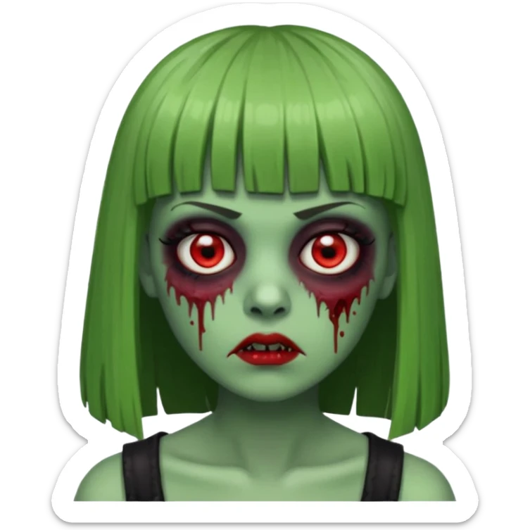 zumbie com cabelo preto e liso de franja vegana e olhos vermelho deixe o zumbir verde  sticker