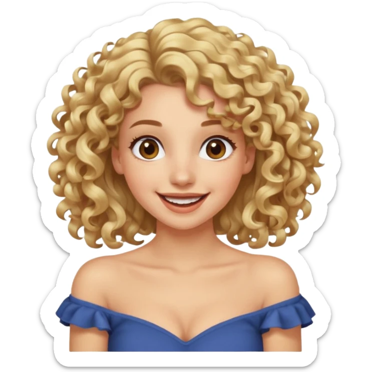 happy excited woman with curly long blond hair, brown eyes, wearing an off-shoulder top,  sticker