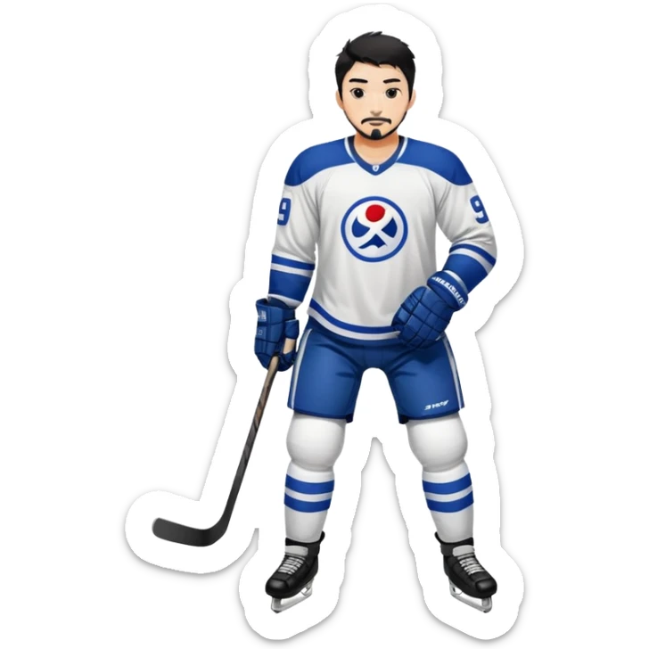 Hockey player Korean Asian handsome man with black pointy hair full goatee and full body biceps sticker