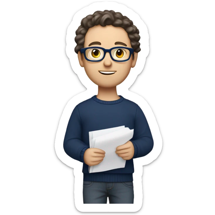caucasian white boy with dark wavy  hair, blue glasses, and carrying design paper plan because he is an architect carrying a pencil and a set model maquette. wearing a navy blue long sleeve sweater shirt. smart.  sticker