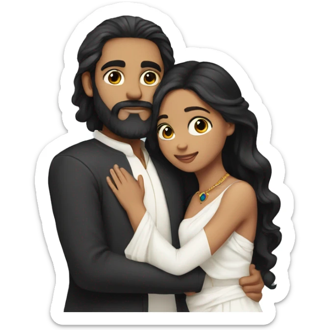 Light skin;Black long hair girl  in a white saree hugging with a man with black beard and hair on top sticker
