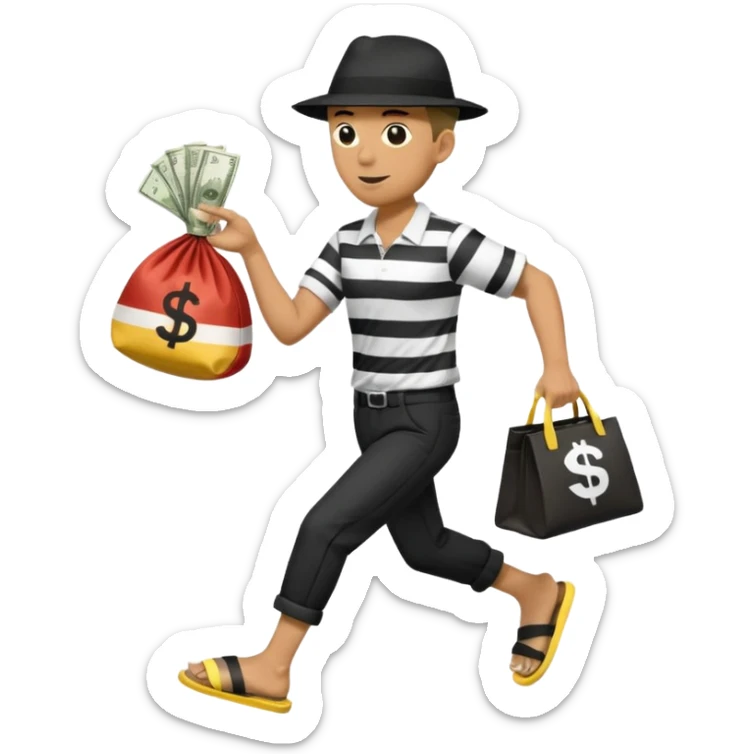 Make a man wear a black pant and he shirt is balck line and white line and wear a black hat and he holding a money bag and he running he wear a black eye thing no money in the Left hand and he yellow and the money bag in the right he wear a flip flop like this is Money bag 💰 NO MONEY sticker