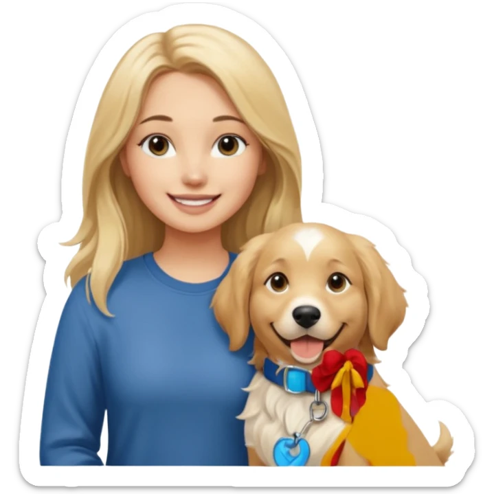 20-year-old dirty blonde woman with long hair and dark blue eyes, standing with an English cream golden retriever, friendly and warm scene sticker