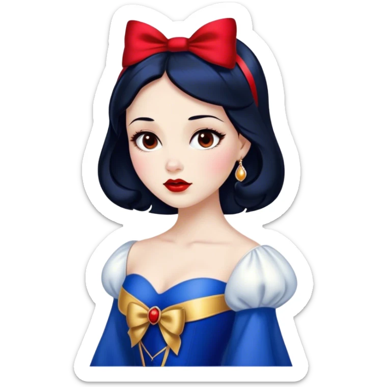 Cinematic Stunning Snow White Portrait Emoji, Fair skin glowing like porcelain, ruby-red lips, deep brown eyes full of kindness, raven hair framed by her iconic red bow, wearing her royal blue and gold gown, exuding timeless beauty and grace! sticker