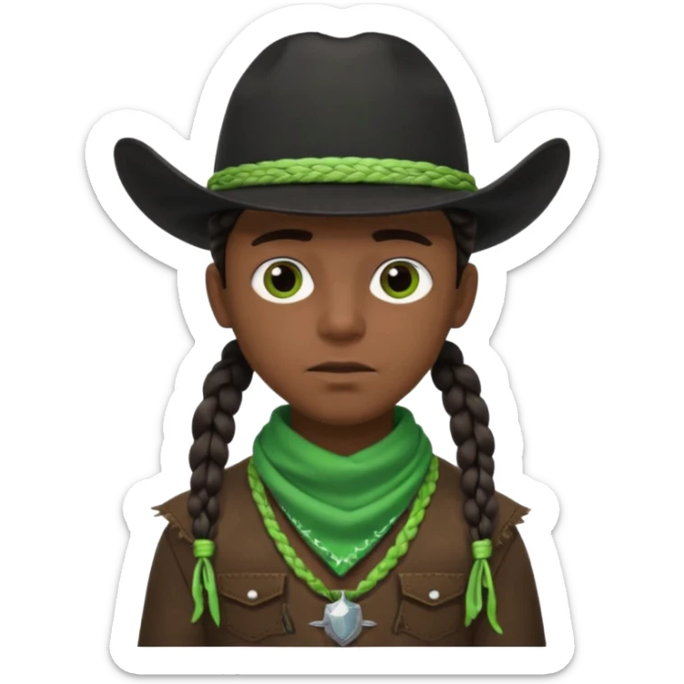 Black boy with three braids near each eye wearing a black cowboy hat with green bandana around his neck sticker