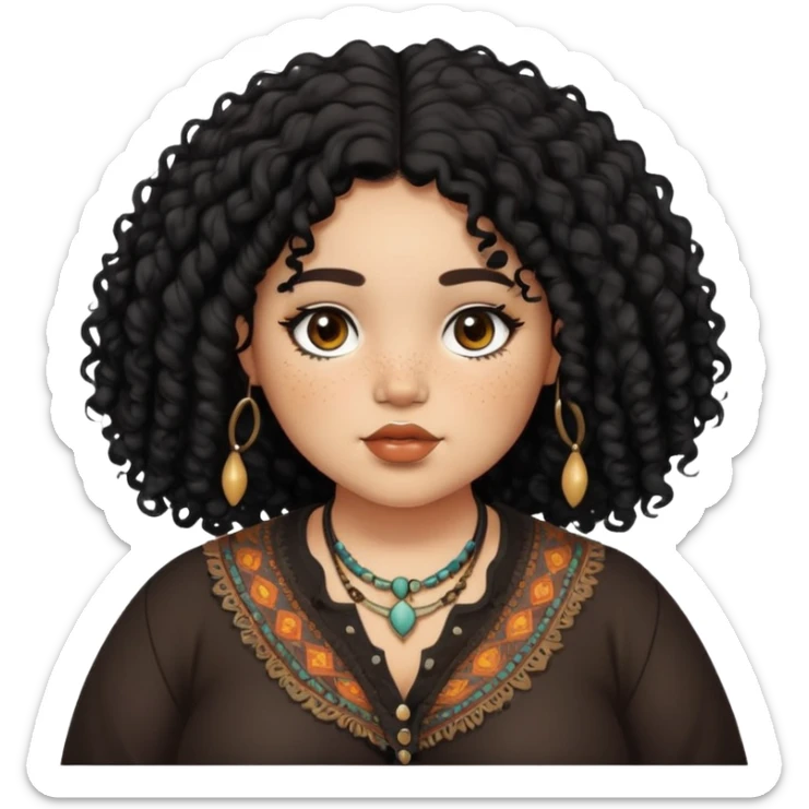 Chubby lightskin girl, dark brown eyes, black curly hair, freckles, boho style clothes sticker