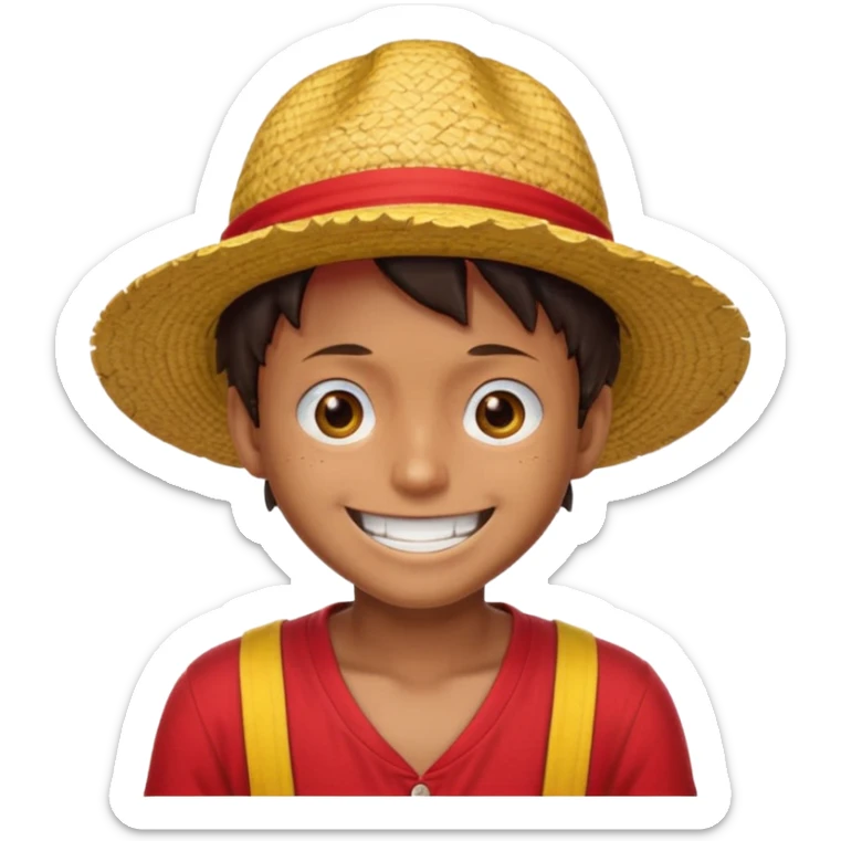 Luffy with a big smile and red shirt with yellow and red straw hat sticker