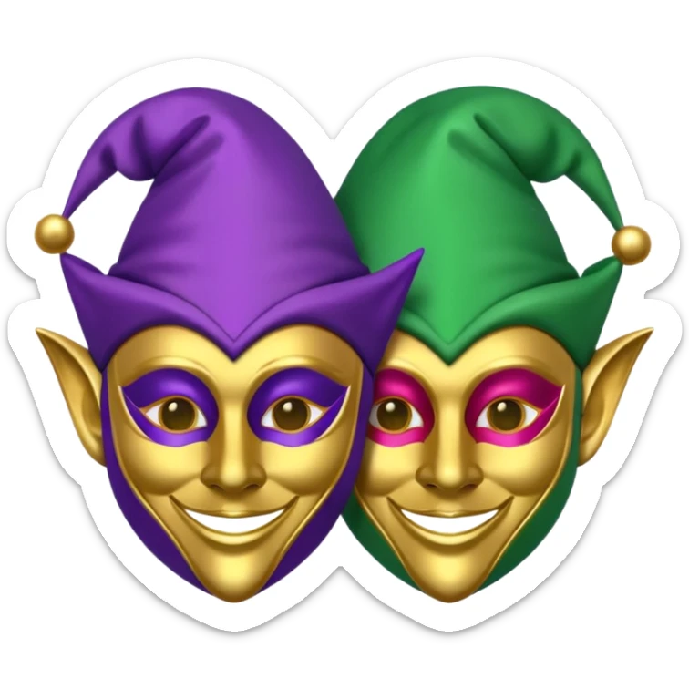 2 jesters masks for mardi gras in purple gold and green like the apple emoji sticker