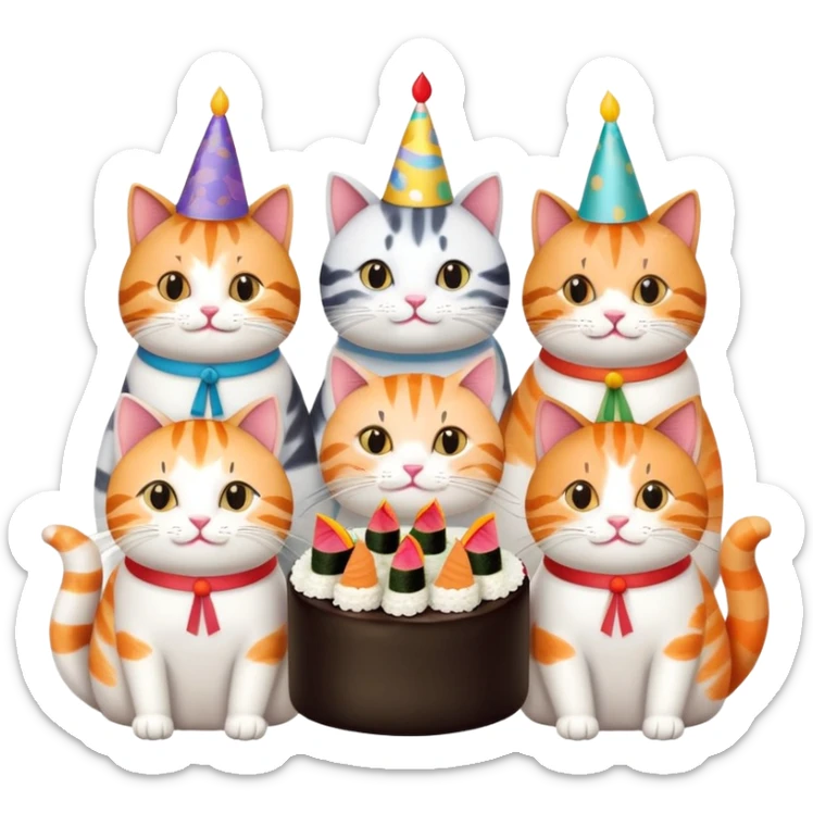 exactly six individual cats in a row celebrating one cat's birthday, each cat clearly visible and holding a piece of sushi, birthday cake in center, all six cats with party hats sticker