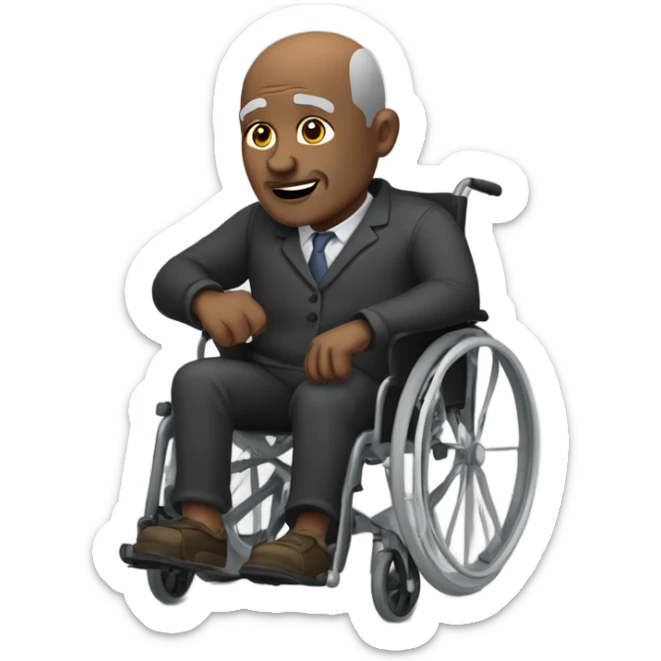 old black bald man with a round belly in wheelchair. stern face. grey stubble. he is pointing finger in front.  sticker