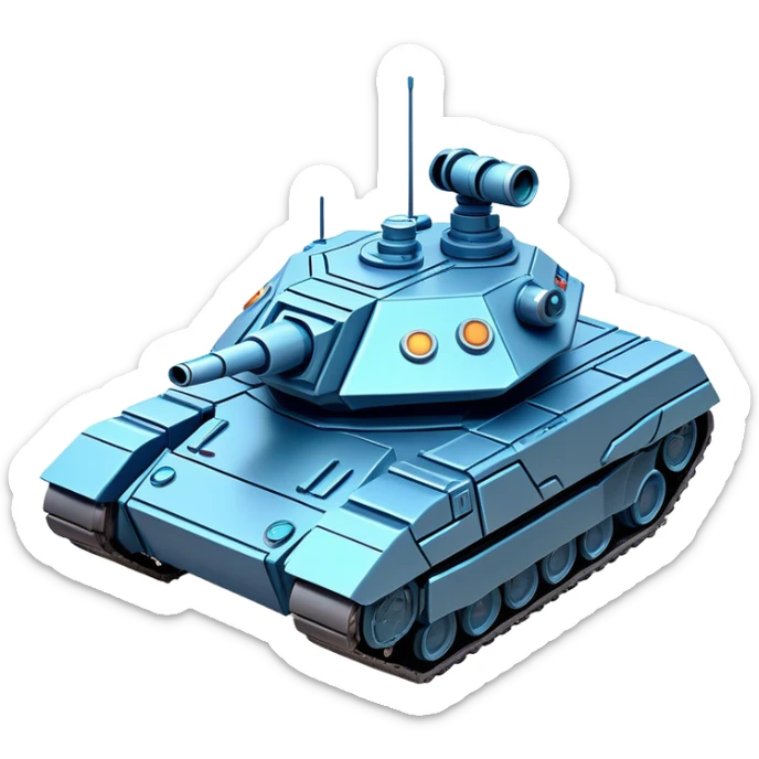 Clash of Clans aesthetic: Cinematic Playful Space Tank Emoji, rendered in a 3D vector-style similar to standard emojis with minimal shading and bold, simplified shapes. A robust, isometric armored vehicle with sleek futuristic plating and energy cannons, softly glowing with a high-tech cosmic combat charm. Simplified yet unmistakably iconic, highly detailed and consistent, glowing with a soft radiant shine and high gloss. Stylized with a touch of intergalactic warfare and a soft glowing outline, capturing the essence of a futuristic battle machine with a friendly, playful spirit! sticker