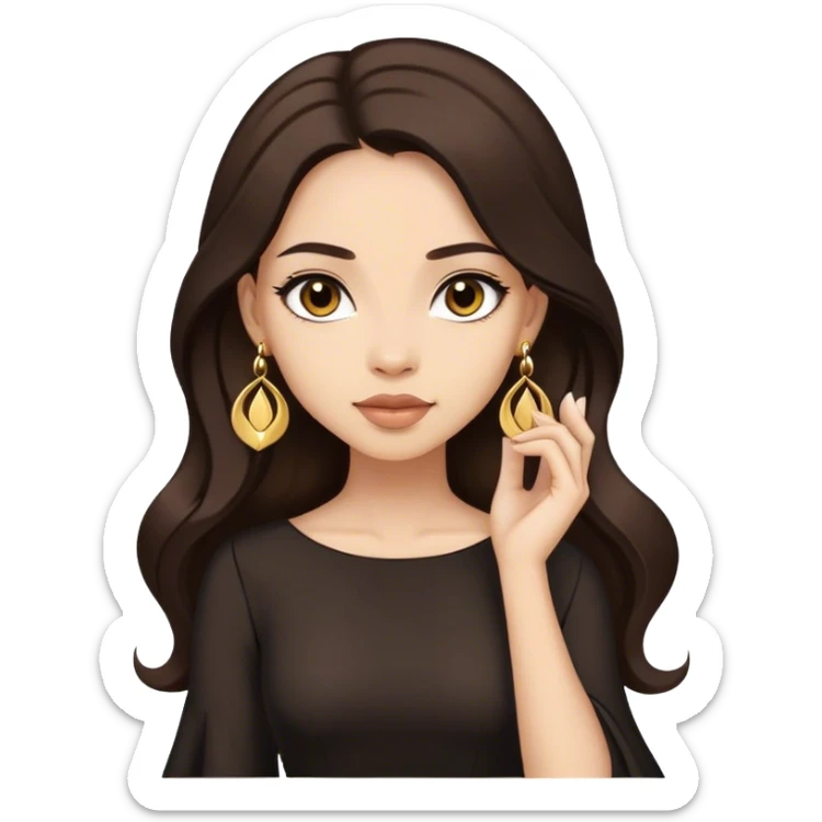 Beautiful woman,cute, long dark brown hair in dark dress with gold earrings sticker