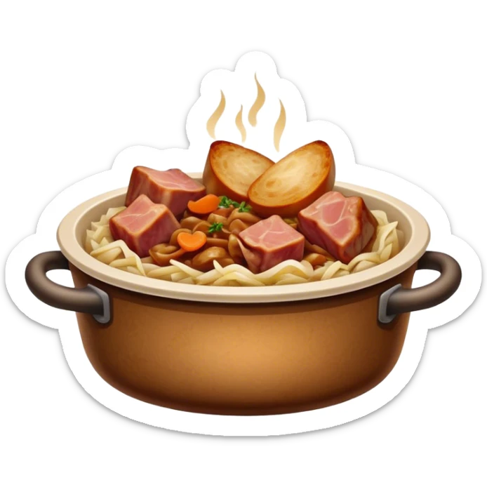 Cinematic Realistic Bigos Dish Emoji, showcasing a hearty stew of sauerkraut and meats rendered with rich textures and dynamic, rustic lighting. sticker