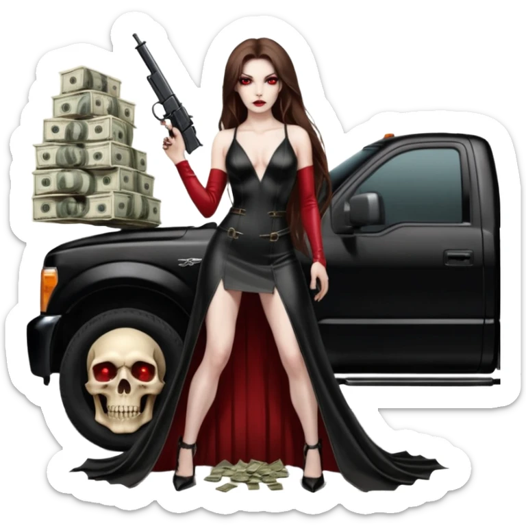 Lilith symbol red eye seductress evil long brown haired sexy succubus woman with leather long dress with slit, sitting in Big Large F350 pickup truck. Black Platform high heels on feet. Back of truck full of stacks of cash, and a man human skull with a gun in other hand sticker