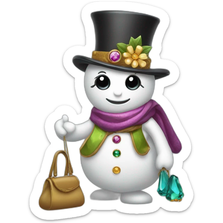 snow woman with designer top hat eyes and buttons are made of precious gems holding a purse in stick arms with a back pack on sticker