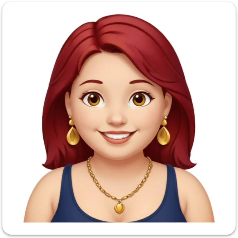 Chubby girl, shoulder length dark red hair, brown eyes, dimples, gold earrings, and necklaces sticker