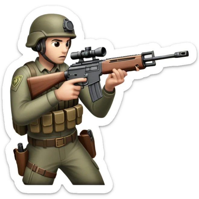 An icon representing a first-person shooter, inspired by Call of Duty. The design shows hands holding a rifle at the bottom of the screen, with enemies in the background and a detailed landscape. The action is intense, with gunfire and dynamic movement. Transparent background. sticker