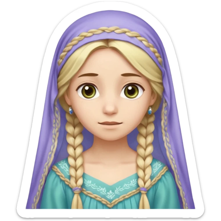 
mujer, Joven, de aspecto dulce y elegante.
Piel clara, ojos grandes y expresivos (pueden ser azules o verdes), sonrisa triste.
Rubio o castaño claro, largo, con trenzas o velo.
Vestido largo de tonos suaves (blanco, azul o lavanda), con bordados dorados; un manto o toca fina cubriendo la cabeza.
 sticker