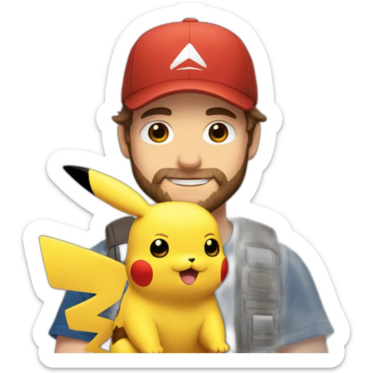 white man with brown hair and beard and a red cap, holding and a pikachu pokemon sticker