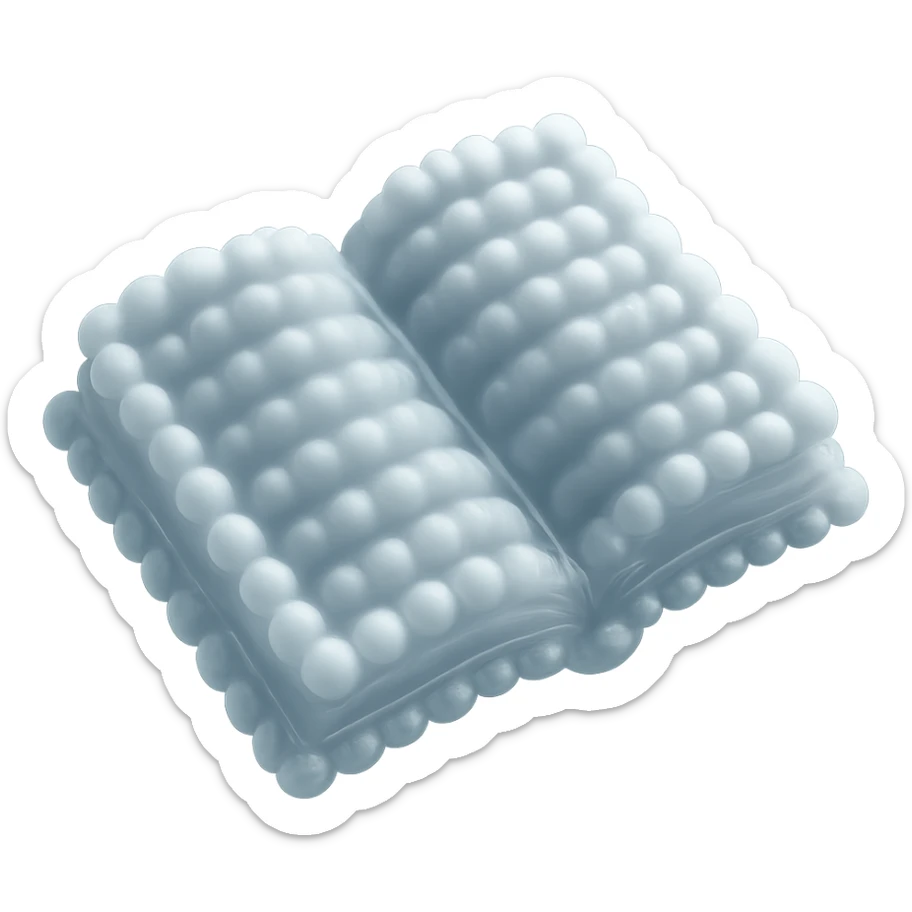 top view of a thick open book made entirely of small, very bright white fluffy convex clouds, matte glass style, no background sticker