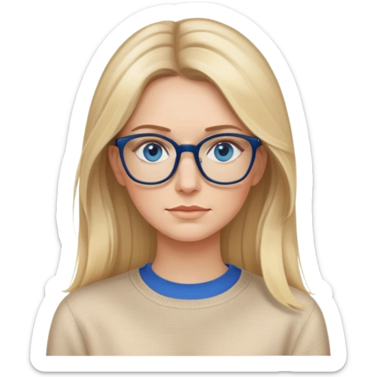 Adult White women, long blonde balayage hair, no smile, beige sweater, blue eyes and glasses  sticker