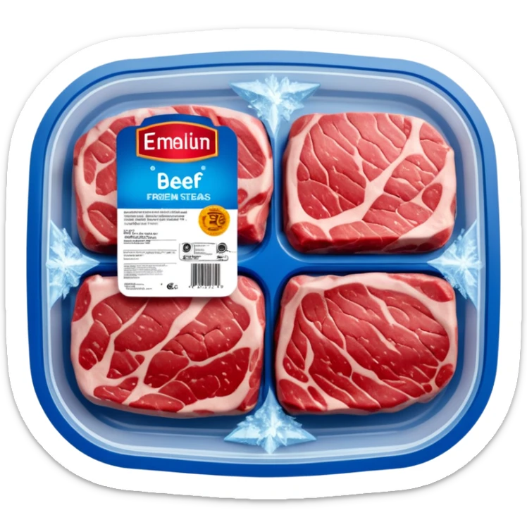 A vacuum-sealed plastic tray of frozen beef steaks, with visible frost and ice crystals on the meat surface. The label shows brand name, weight, and “Premium Beef Steaks.” The packaging has a transparent window revealing the red meat.  photorealistic food packaging. sticker