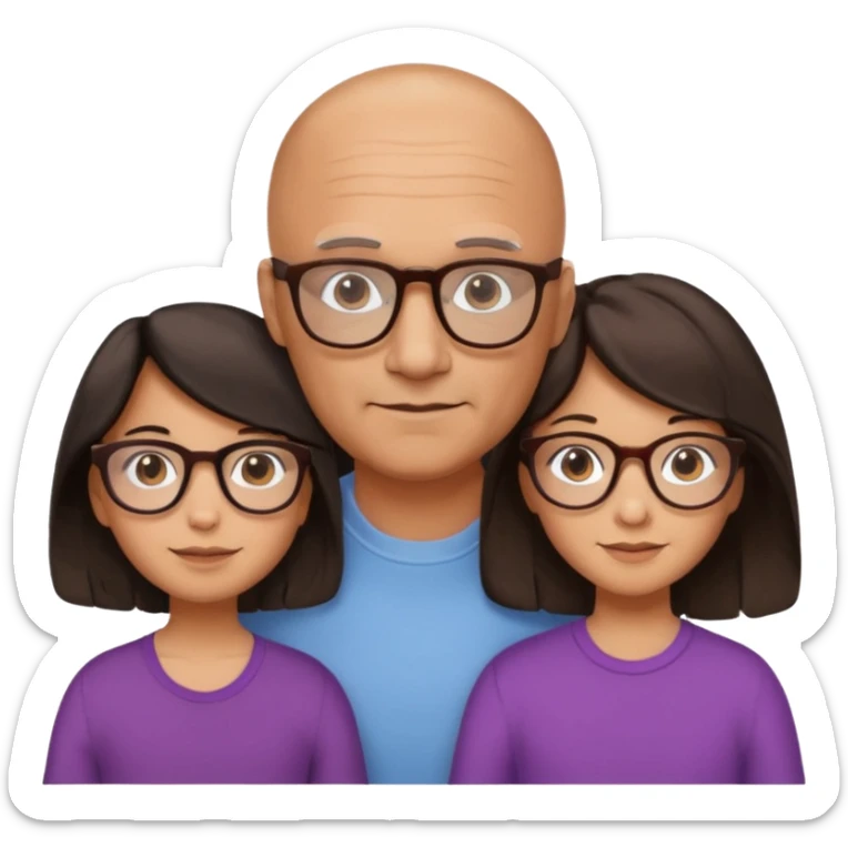 Papà calvo con occhiali, mamma capelli neri occhi marroni no occhiali, figlia capelli marroni mossi e occhiali tartarugati con montatura spessa occhi marroni, figlia capelli lisci marroni occhiali neri con montatura grande e fina occhi marroni  sticker