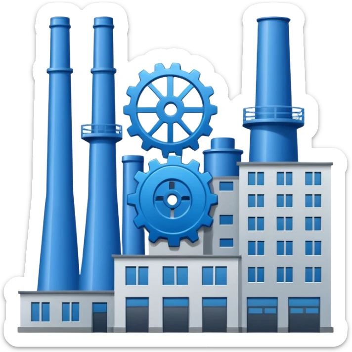 "A minimalist vector icon of a modern manufacturing factory building with a gear symbol above it. Blue and grey color scheme, flat design, white background, simple thick lines, professional business logo style." sticker