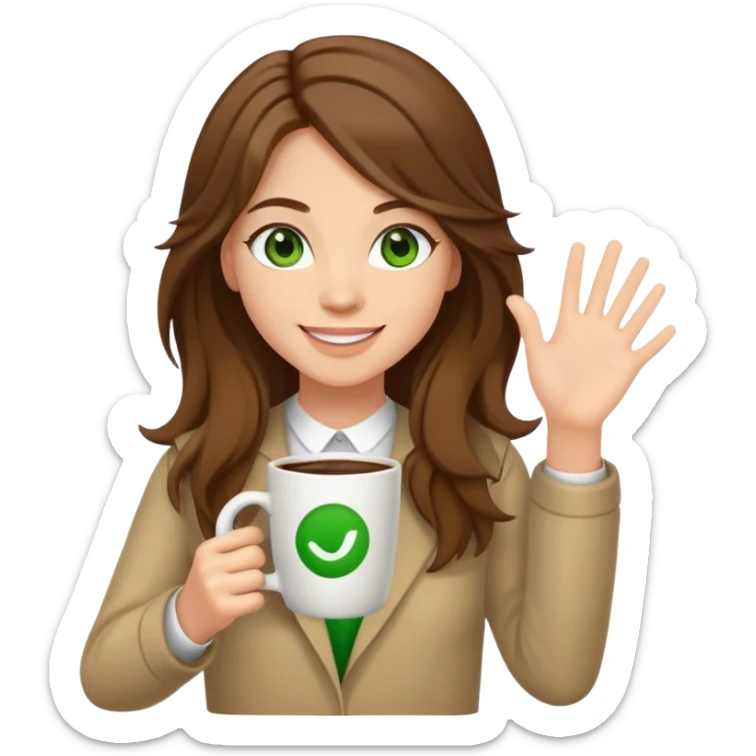 Full body, Long, Brown haired girl with middle hair part, with green eyes, smiling, waving with one hand, coffee mug in the other sticker