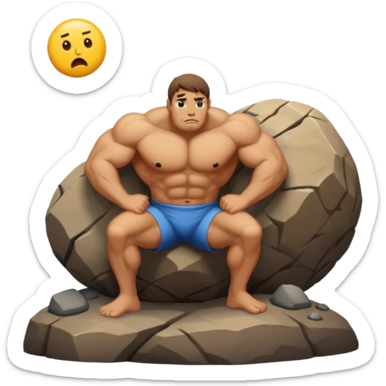 Sisyphus near the top of a hill with a boulder, emoji style sticker
