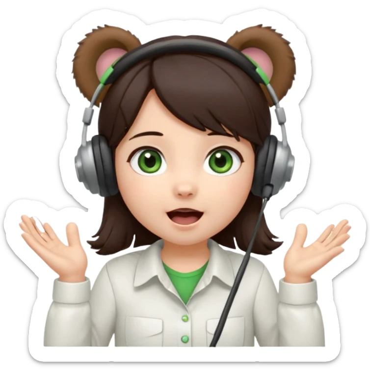 Chibi girl, dark brown hair, green eyes, wearing a white shirt and small brown bear ears on a headset, with wide happy surprised eyes and mouth and clapping excitedly sticker