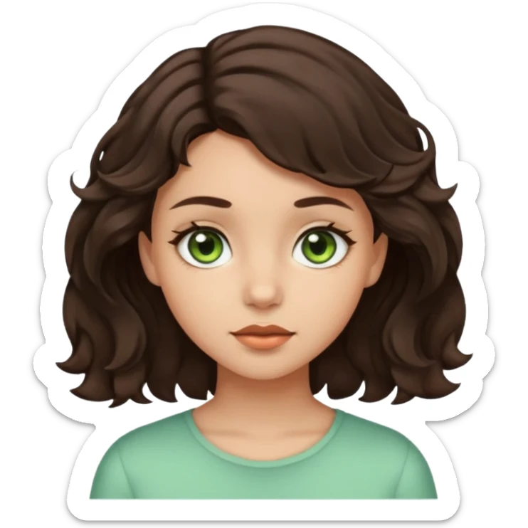 A girl with light skin, short dark brown wavy hair and brown with a little green eyes sticker