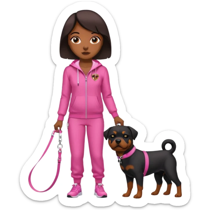 Rottweiler on leash held by African American woman in all pink track suit sticker