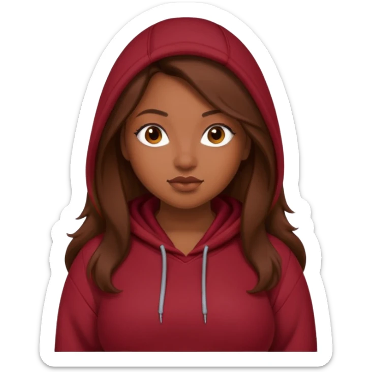 Curvy pretty brown girl with long brown hair, wearing a dark deep red hoodie sticker