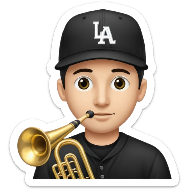 Un señor tocando el trombón (viendo hacia arriba, con los ojos cerrados), que tenga una gorra de béisbol negra de LOS ANGELES (LA), vestido todo de negro sticker