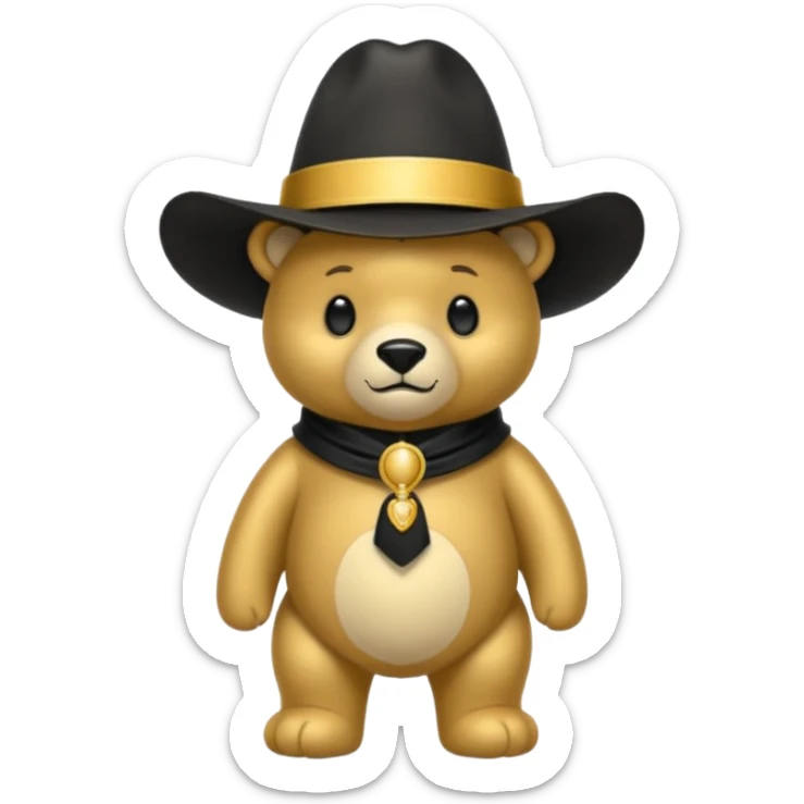 Oso dorado con un sombrero elegante    negro y  en   su cuello un moño negro sticker
