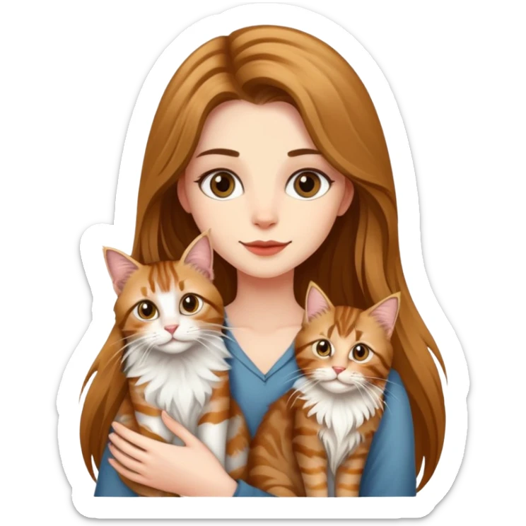 A beautiful tall girl with fair skin and long hair holding a tabby cat and a Maine Coon cat sticker