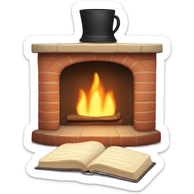 Create a cute and cozy emoji of a fireplace with a soft, crackling fire, and a pair of slippers and a book nearby. sticker