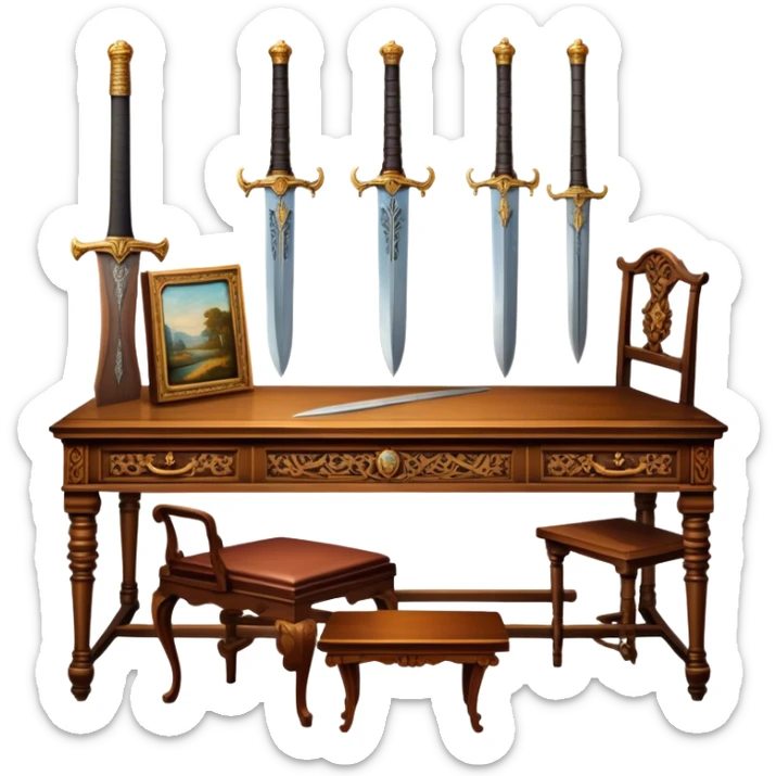 Icon for Antiques Collecting: vintage intricately carved furniture, famous paintings, antique swords, and rifles. The items are displayed on a wooden table or shelf. The icon should evoke the rich history and craftsmanship of antique collecting. Transparent background. sticker