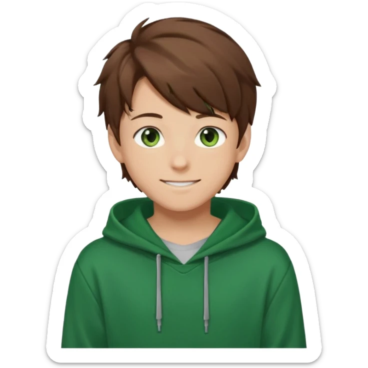 the face of an Anime teen boy with brown hair, green eyes, looking smiling slightly sideways positioned. Face must be main filling of the emoji. A little piece of hoodie can be visible. 128px sticker