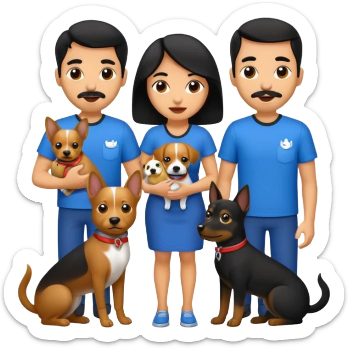 Pareja hombre y mujer, pelo negro ambos, y con dos perritos pincher en sus brazos sticker