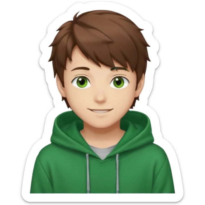 Anime teen boy with brown hair, green eyes, and a green hoodie, looking smiling slightly sideways positioned. 128px sticker