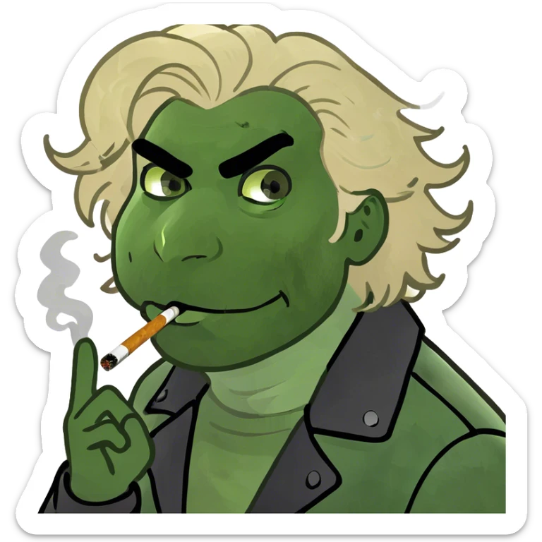 White guy with blonde fluffy hair with a ciggarate and red eyes and smoke coming out of mouth sticker
