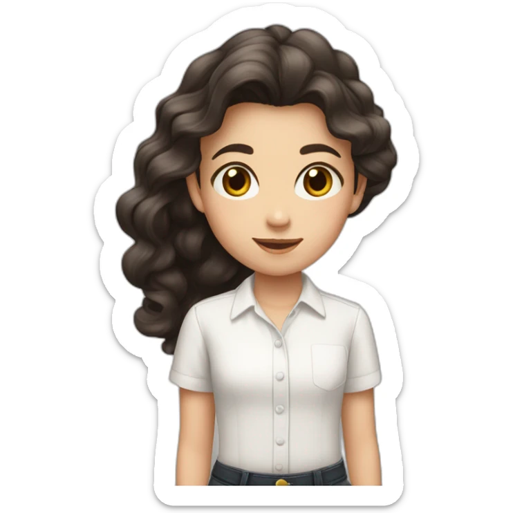 9 year old white girl with realy long dark brown waivy hair wearing a white shirt with black letters sticker