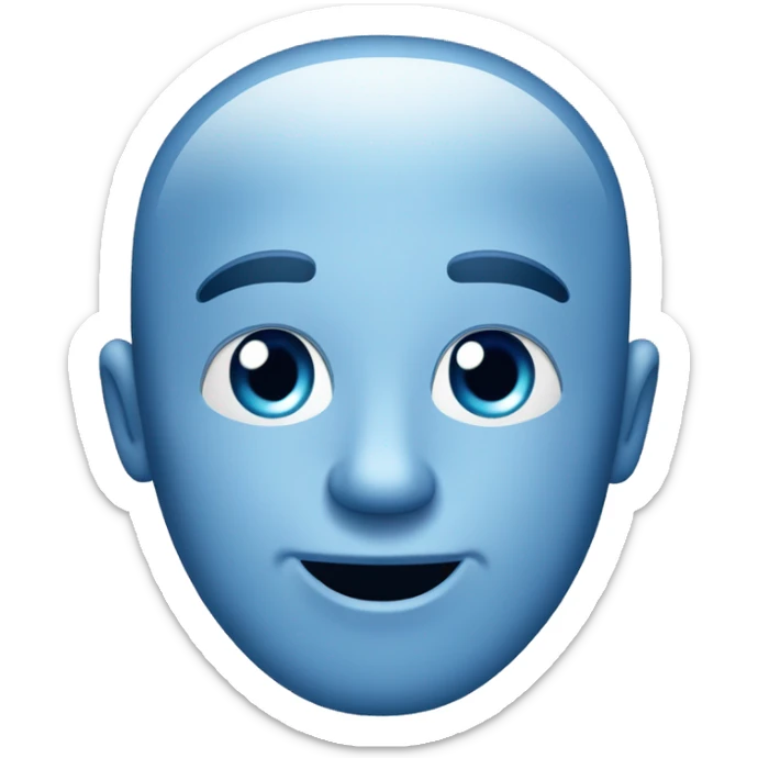 Generate a picture: In the style of an iOS emoji face , A blue face with ice on it, looking to the side deviously, with a small smirk smile, no nose, plain background sticker
