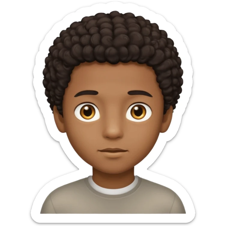 This avatar of black boy has lightly curly dark hair styled upward, a rounded face with golden-brown eyes, and a neutral expression sticker